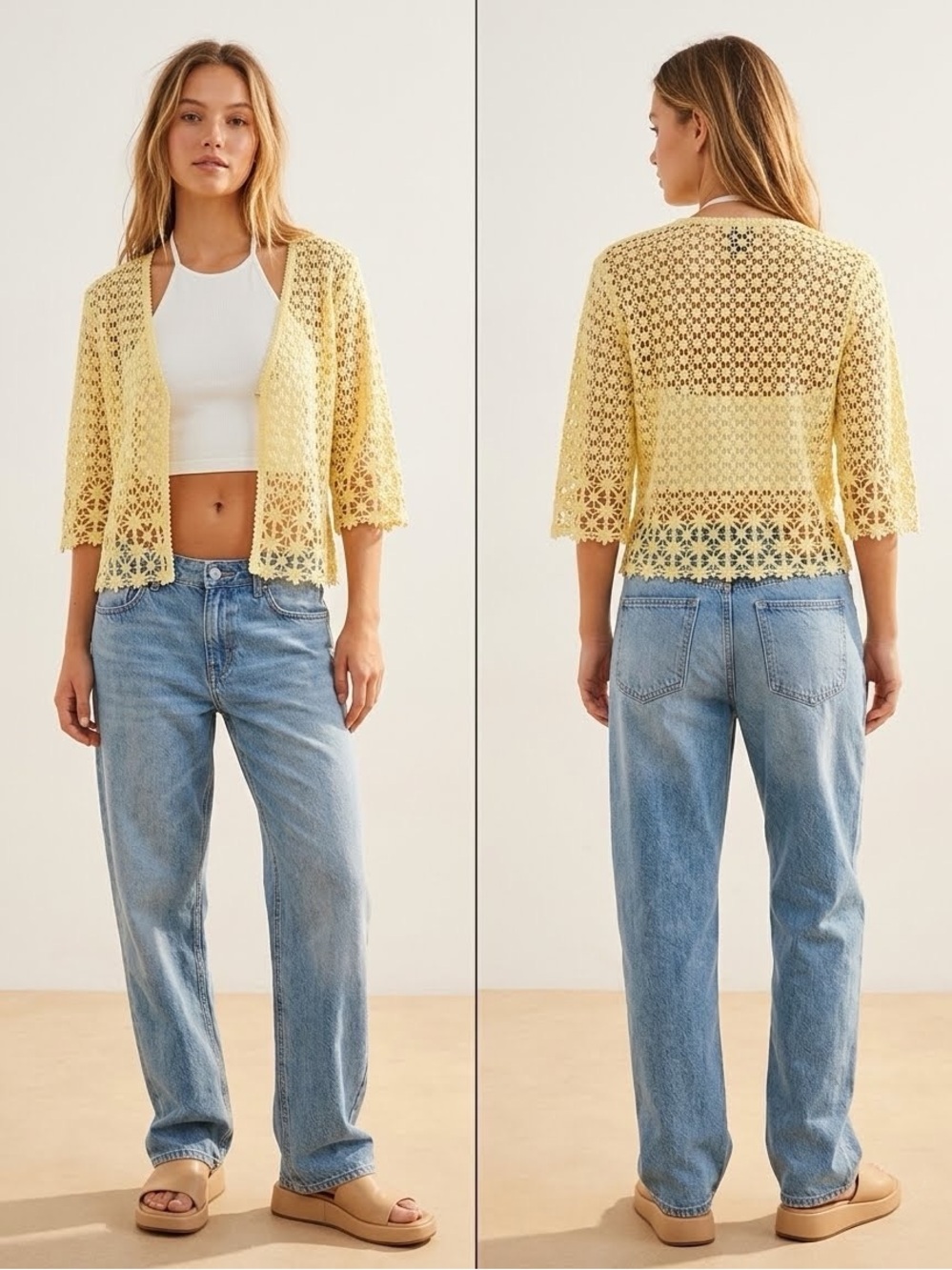 Rabbit Rabbit Rabbit Designs Yellow Floral Lace Short Sleeve  Crocheted Cardigan